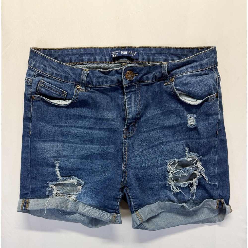 Blue Savy Shorts Womens 14 Blue Whiskered Denim Cotton Distressed Cuffed‎ Hem